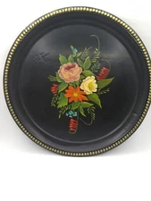 Vtg. Signed Black Toleware Hand Painted Round Floral Metal Almost 13" READ