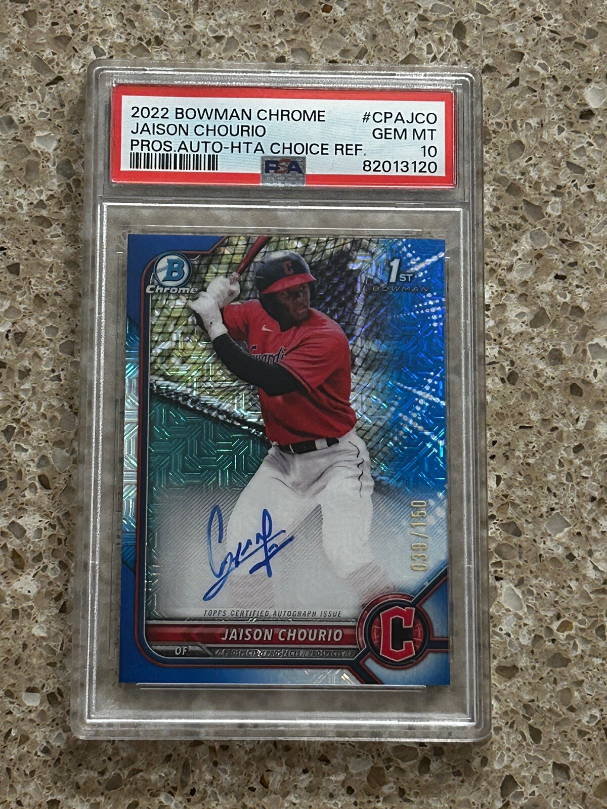 2022 1st Bowman Chrome Jaison Chourio Blue HTA Choice Refractor Auto /150 PSA 10