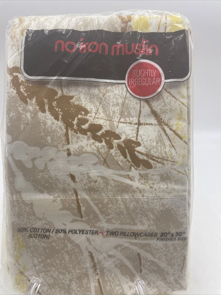 Pillowcase Muslin Printed Wheat Tan Gold Brown Pair NOS Vintage 1970s NEW in Pkg - Image 3 of 4