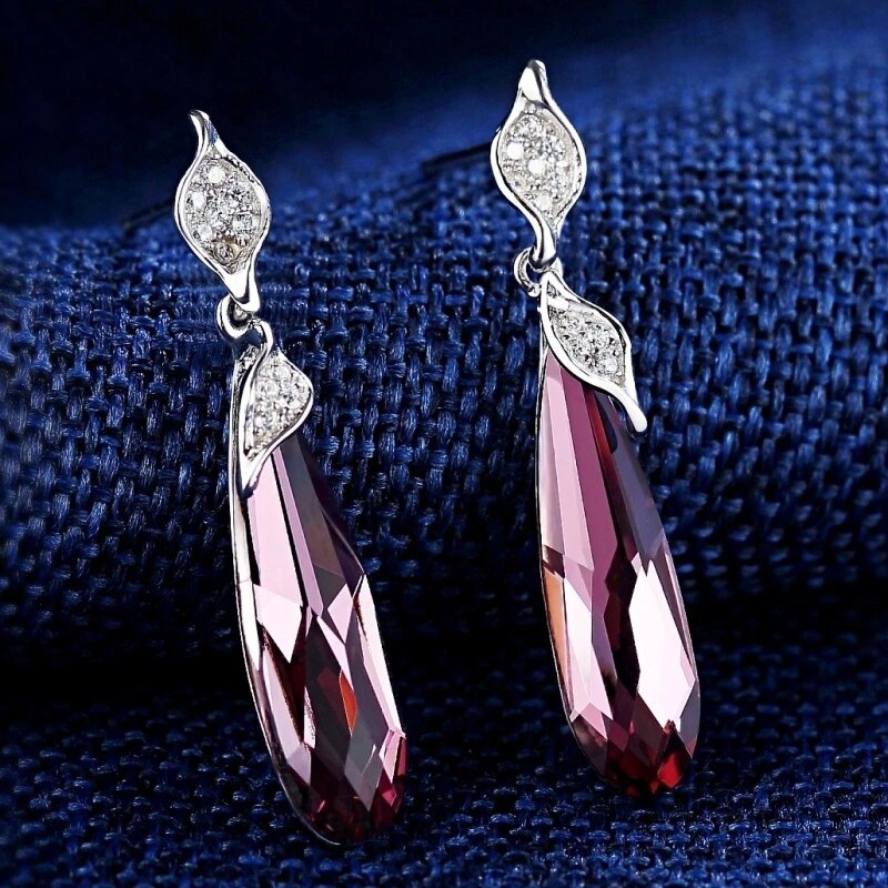 S925 Sterling Silver Made With SWAROVSKI Crystal Long Oval Amethyst Earrings - Image 2 of 4