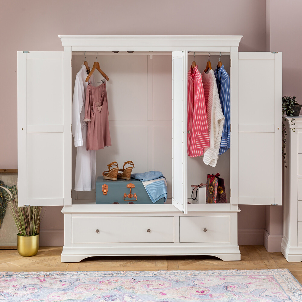 Wilmslow White Painted 3 Door Triple Wardrobe with Mirror 2 Drawers
