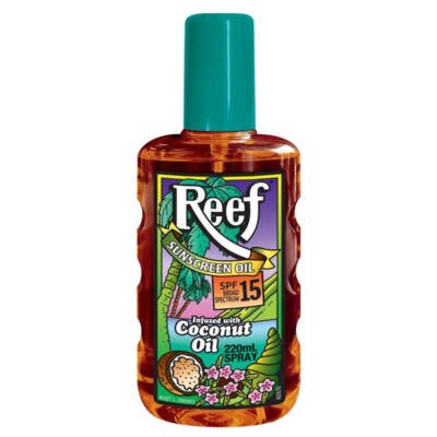 Reef Sunscreen Oil Spray Coconut Oil SPF 15+ UVA UVB Broad Spectrum 220ml