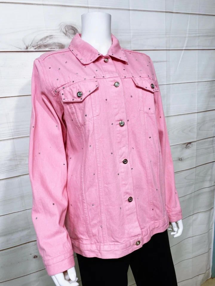 Quacker Factory Womens Denim Jacket Size M Pink Button Up Rhinestone 100% Cotton - Image 2 of 4
