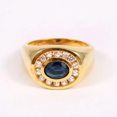 Bague Pour Homme En Argent Sterling 925 Plaqué Or Avec Saphir Bleu Cultivé #910 - Photo 1/4