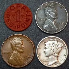 US COINS- Silver Mercury Dime, Wheat & Steel Cent Set, OPA Token- WW2 COIN LOT