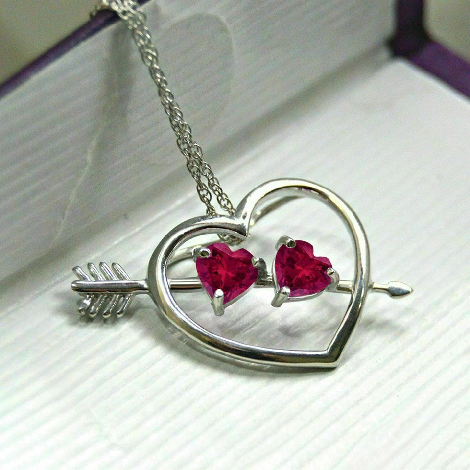 2Ct Heart Cut Red Ruby Women's Pendant14K White Gold Finish With 18'' Free Chain - Image 2 of 4