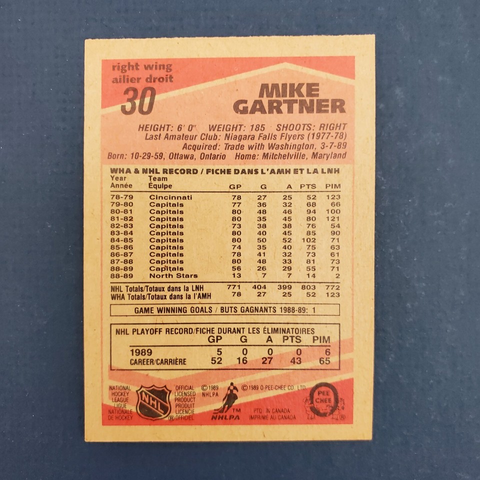 1989 TOPPS OPC HOCKEY CARD "MIKE GARTNER" 30 BEAUTIFUL!! PACK FRESH