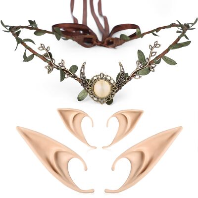 Elf Ears with Woodland Moon Forest Headpiece Cosplay Costumes Fairy Leaf Crow...