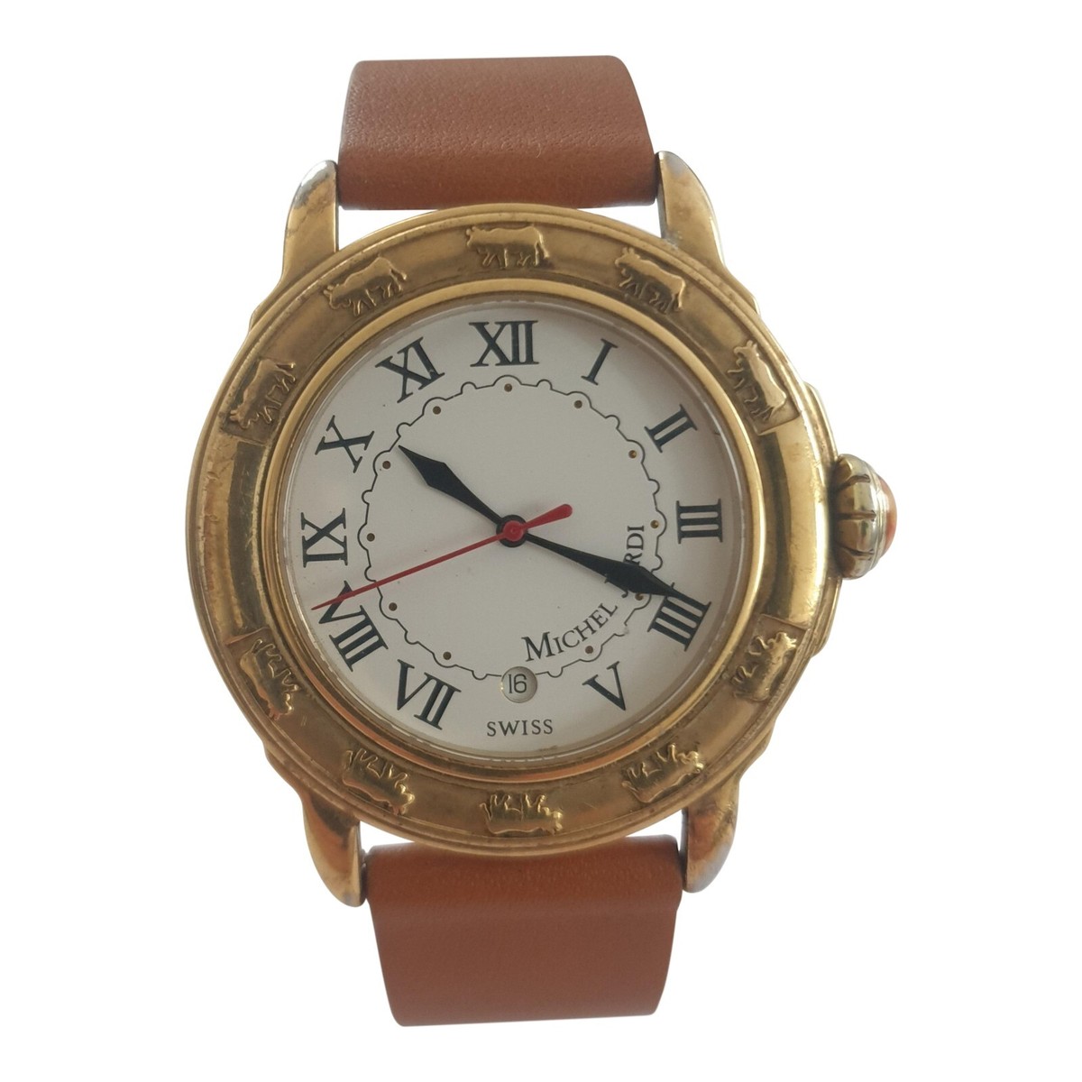 Vintage Michel Jordi Swiss Made Watch with White Dial & Brown Leather Strap Michel Jordi Vintage 1991 Swiss Made Gold Plated Wrist Watch  main image 3