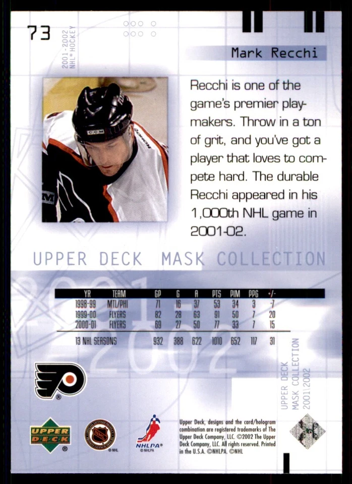2001-02 Upper Deck Mask Collection Mark Recchi Philadelphia Flyers #73 - Image 2 of 2