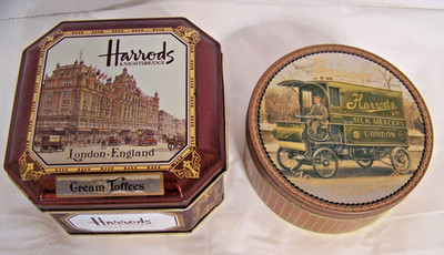 Vintage Harrod's Candy Tins Lot of 2,  Round Black Currant; Square Cream Toffee