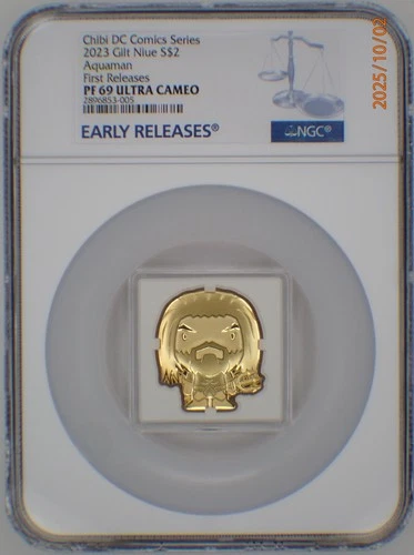 2023 NIUE 1 Oz .999 SILVER $2 DC COMICS GILT CHIBI AQUAMAN NGC ER PF69UC SN 1985