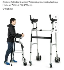 Costway Foldable Aluminum Alloy Wheel Walking Frame Adjustable Design W/Armrest