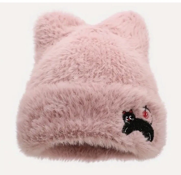 Novo chapéu gorro de pelúcia fuzzy rosa orelha de gato com design gráfico de gato na borda - Imagem 2 de 4