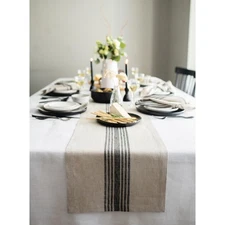 Linen Table Runner 90 Inches Long - 100% Pure Linen Black and Natural Farmhou...