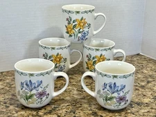 Thomson Pottery Floral Garden Mugs Set of 5 H-3.75”Botanical Flowers Stoneware