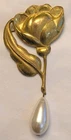 Miriam Haskell Gold Tone Rose Brooch Faux Pearl Dangle Signed Vintage 3.5"
