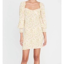 Faithfull The Brand Gombardy Mini Dress Women XS Yellow Adele Floral Puff Sleeve