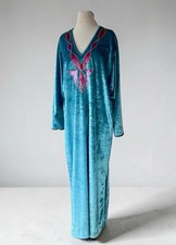 Vtg 80s Oscar de la Renta Blue Velour Maxi Dress Caftan Embroidered OS Lounge
