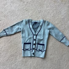 GAP KIDS GIRLS 4-5 CARDIGAN SWEATER, BUTTON FRONT, FAUX POCKETS, GRAY/ NAVY, DOT