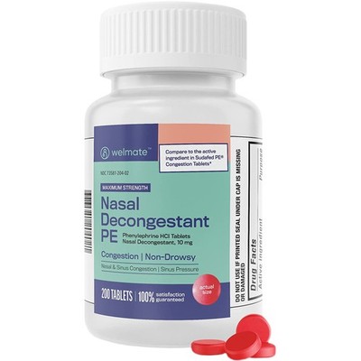 WELMATE Nasal Decongestant Phenylephrine| 200 Ct Exp 8/26 (Generic Sudafed PE)