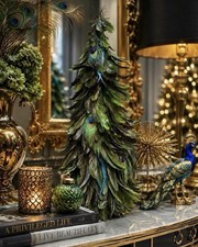 21" Peacock Feather Christmas Tree Tabletop Holiday Decor Blue Green Glam Xmas