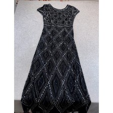 Adrianna Papell Black Beaded Sequin Evening Gown Formal Dress Cap Sleeve Women 6