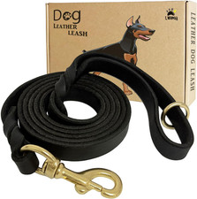 Black Leather Dog Leash 8Ft, Heavy Duty, Strong and Sturdy Braided, Soft and Com