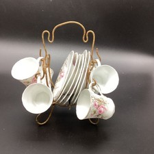 Antique J&C Austria Demitasse Set c1900 Pink Roses Gold Gilt w/ Rack