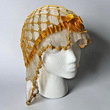 Antique Victorian Crocheted Boudoir Cap / Flapper Hat with Yellow Ribbon
