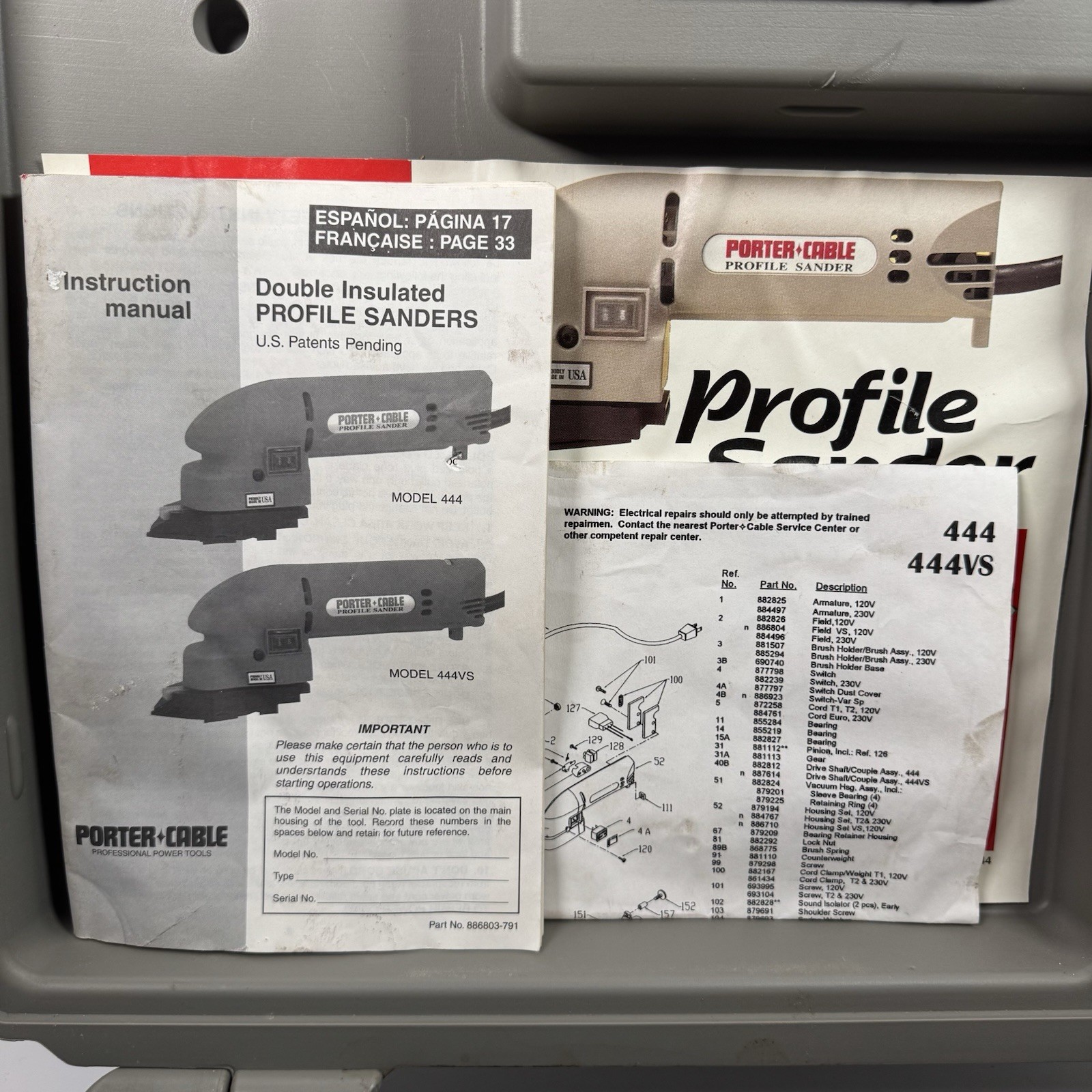 Porter Cable 444 Profile Sander Tool W/ Accessories