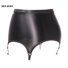 Allacki Black 4 Straps Suspender Belt Girdle Oily Glossy Stretchy Garter Skirt