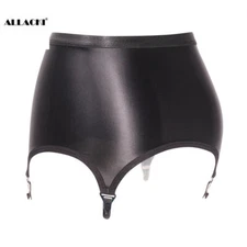 Allacki Black Garter Oily Glossy Stretchy Skirt with 4 Straps Suspender Belt