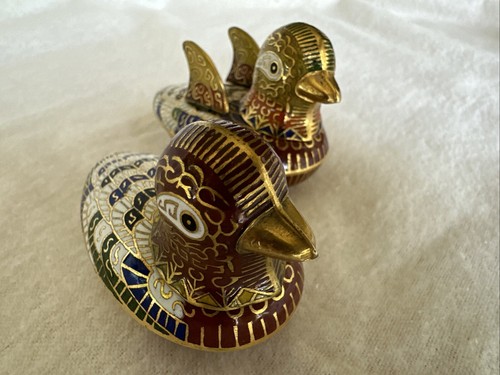 Coppia di scatole portagioie vintage Cloisonné ottone smaltato mandarino anatra uccellino con scatola - Foto 19 di 23