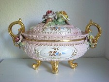 Vaso ciotola in rosa pastello e oro con rose in porcellana, antico italiano