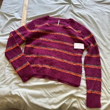 Free People Sweater maroon Combo Downy Stripe Pullover Shag fuzzy Sz L