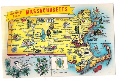 GREETINGS FROM MASSACHUSETTS MAP State Symbols Cities Industry MA Postcard