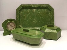 Vintage Green Marble Effect Dressing Table Vanity Set Clock Powder Puff Comb UK
