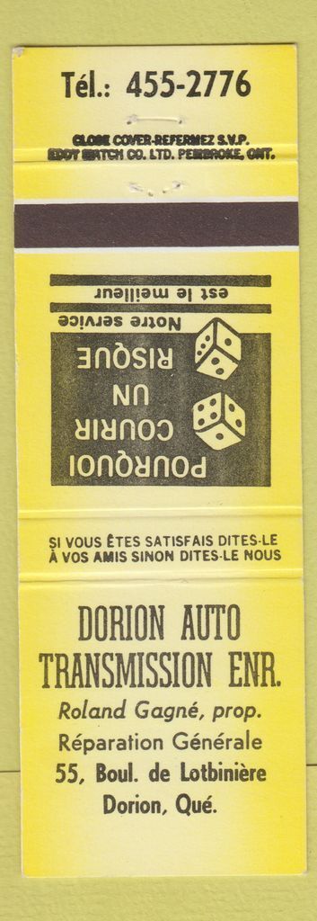 Matchbook Cover - Dorion Auto Transmission QC