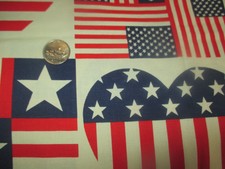 PATRIOTIC Vintage AMERICAN FLAGS HEARTS On BEIGE 1990's COTTON Fabric - 1 yd