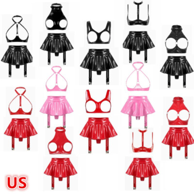 Women Patent Leather Sexy Open Bust Bra Top with Garter Belt Mini Skirt Latex