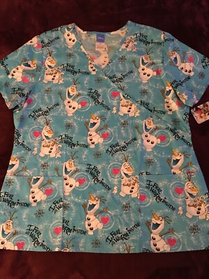 NWT DISNEY Frozen Scrub Top Sz Large ''I feel Warm Inside'' Snowflakes Hearts Olaf