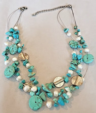 Vintage 3 Strand Turquoise Faux Pearls Metal Coin Bead 18-20 Adjustable Necklace