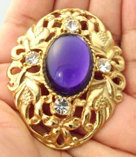 Filigree Brooch Rococo Baroque Georgian Victorian Glowing Purple Glass Cabochon 