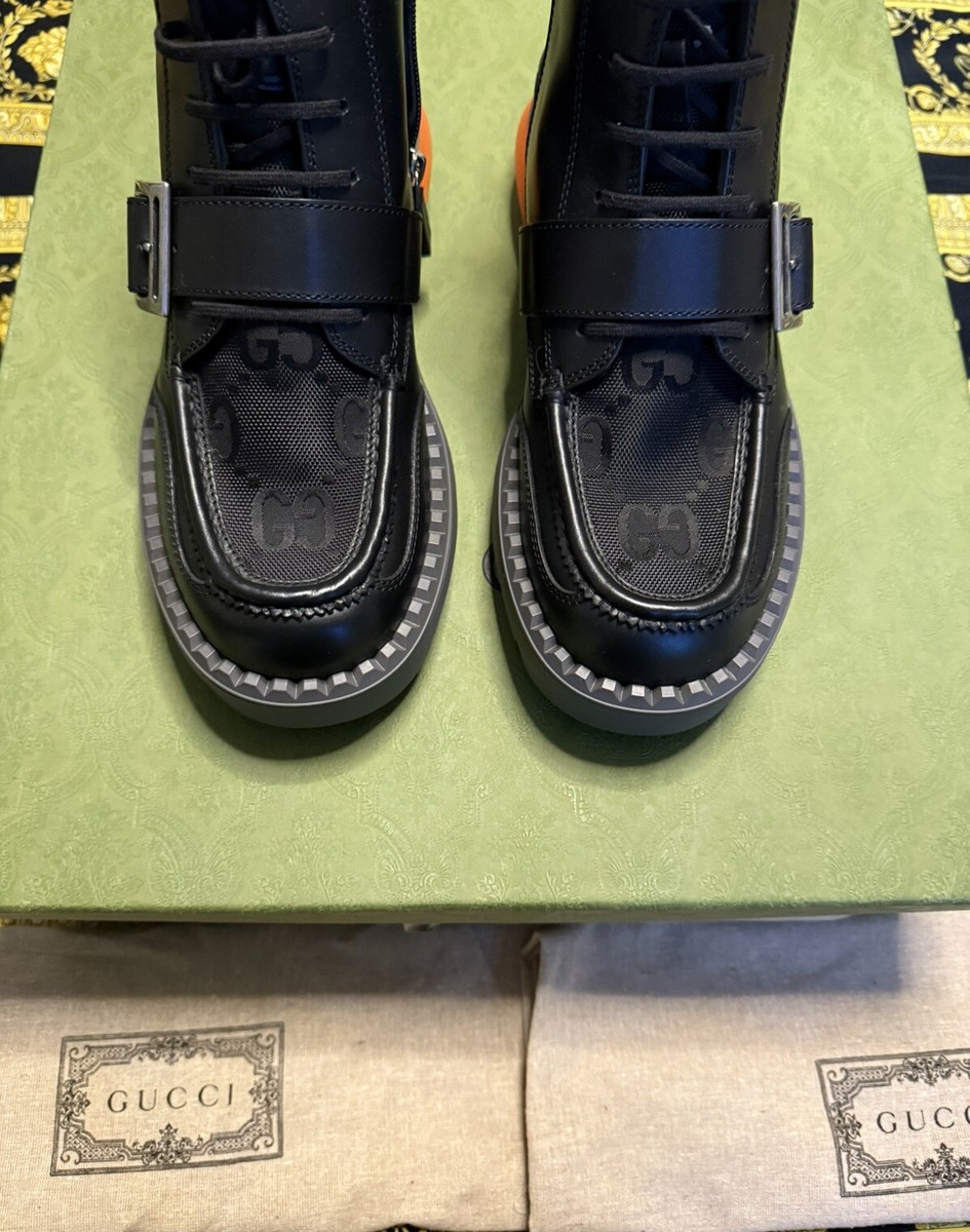 NEW GUCCI BOOTS GG LOGO CANVAS BLACK LEATHER LACE UP ANKLE  display picture 1