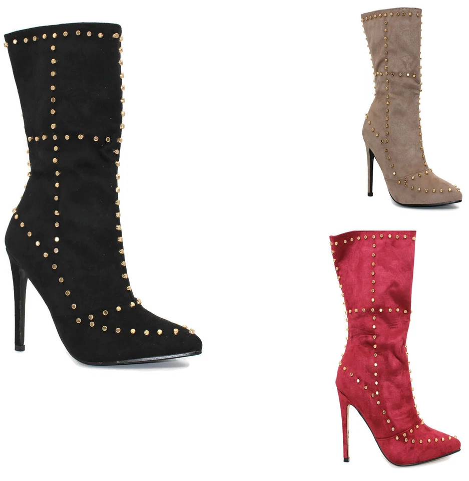 Womens Stiletto High Heels Boots Ladies Suede Studded Pointed Toe Mid Calf Shoes