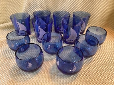 Vintage Hazel Atlas Sailboats Blue & White Glass 8 Tumblers  & 8 Roly Poly