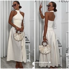 ZARA NEW WOMAN MIDI COMBINATION HALTER DRESS OPEN-BACK ECRU S-XL 4174/202/712