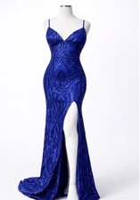 Blue Sequin Prom Formal Maxi Dress With Slit Lace Up Open Back Windsor XS