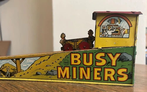Marx Busy Miners Tin Litho Vintage Toy with Coal Car Antique Wind Up